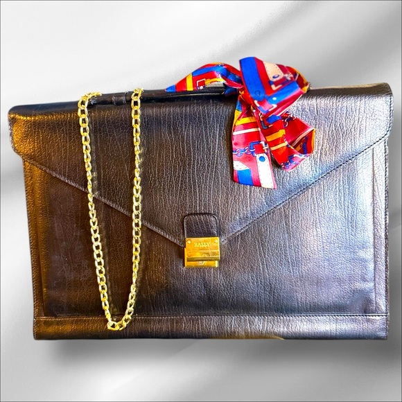 BALLY Vintage Leather Envelope Laptop Bag| Gold Chain Strap & Lock - Picture 2 of 14